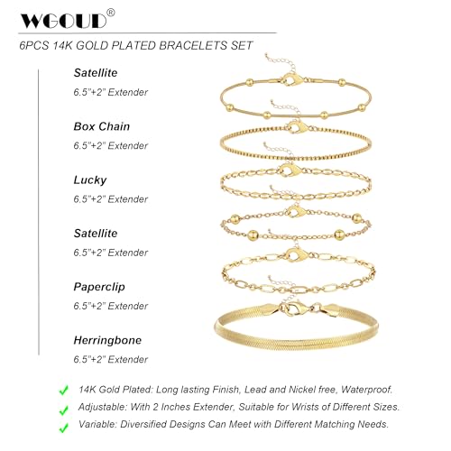 Wgoud Waterproof Gold Bracelets for Women Trendy, Dainty 14K Real Gold Plated Fashion Stackable Bracelet Sets for Women Thin Cuban Link Paperclip Chain Bracelets Layered Gold Jewelry Sets Gifts for Womens - color: 6Pcs Gold Bracelet A
