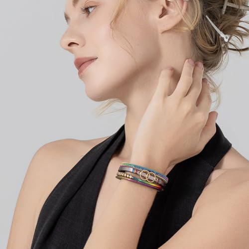 Chunky Boho Leather Wrap Bracelets Cowgirl Beaded Circle Western Jewelry | Stackable Infinity Layered Bohemian Magnetic Clasp Cuff Statement Fashion Colorful Country Hippie Outfits for Women Trendy - color: Rainbow