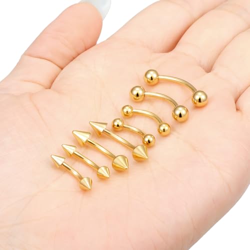 14G Snake Eyes Piercing Jewelry Tongue Curved Barbell Surgical Steel Belly Button Ring Eyebrow Piercing Jewelry Vertical Labret Lip Jewelry for Women Men Bar Length 8mm 10mm 12mm 14mm - color: 8pcs,14g,ball+spike,goldtone