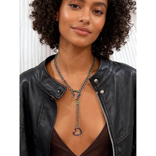 Artmiss Heart Slip Chain Necklace Cuban Long Chain Affection Link Necklace Submissive Collar Chokers for Women - color: Iridescent Rainbow