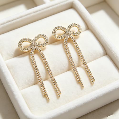 Rhinestone Earrings Dangling for Women Sparkly Silver Dangle Earrings Girls Long Chandelier Earrings Tassel Lightweight Ear Studs Cubic Zirconia (KE001S-W) - color: Bow 516286GL Gold Clear