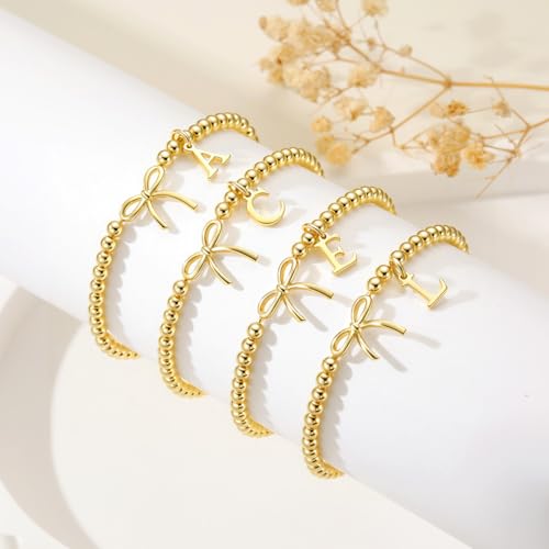 M MOOHAM Bow Initial Bracelets for Women Girls, Letter A-Z Beaded Bracelet | 14K Gold Plated, Bow Bracelets for Girls, Gold Bracelet, Beaded Initial Bracelet, Birthday Gift for Teen Girl Jewelry - color: S