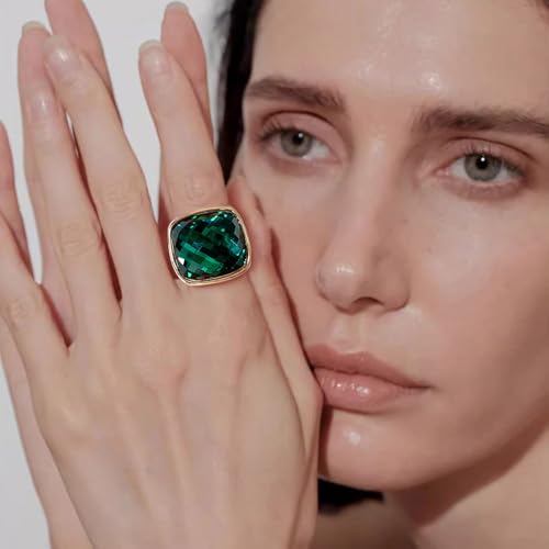 Chunky Square Crystal Glass Stainless Steel Statement Ring for Women Men Gold-Tone Plated Exaggerated Large Geometric Green Cubic Zirconia Finger Band Knuckle Rings Cocktail Prom Fashion Jewelry - color: Green