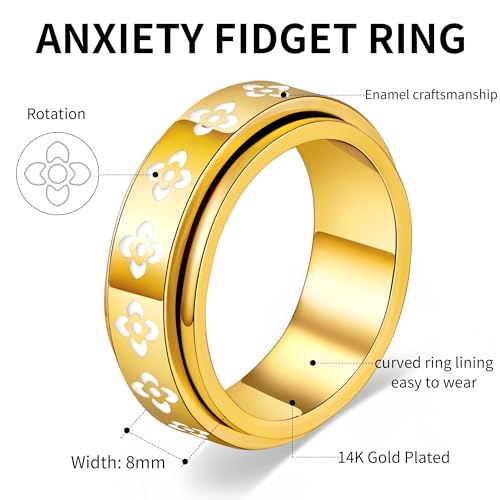 Fidget Anxiety Rings for Women 14K Gold Silver Plated Spinner Band Ring 8mm Thick Stainless Steel Statement Rings Jewelry Gifts Size 6-10 - color: Gold-Rotation