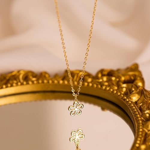 HANLI 14K Gold Plated Necklaces for Women - Dainty Butterfly, Star of David, Moon and Star, Sun, Lotus, Infinity, Hummingbird, Bee,Boots,Chill,Sunflower Pendant Designs - Elegant Jewelry for Women - color: Flower-necklace