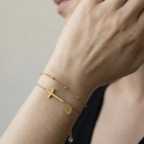 Cross Bracelet Set for Women, 18K Gold Plated Stainless Steel, Minimalist Cross & Initial Letter Charm, Adjustable Layered Bracelets with Gift Box and Inspirational Cards - style: Initial-V