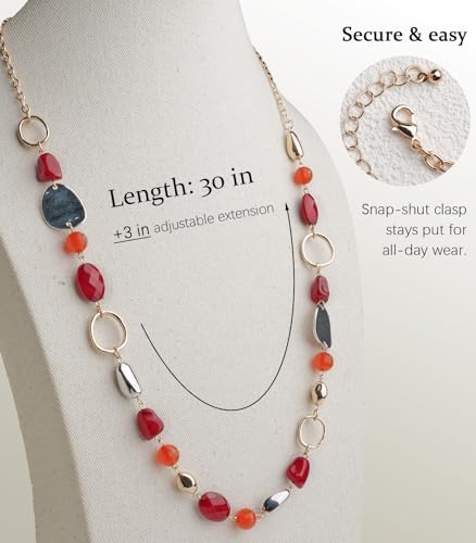 Long Gold Boho Necklaces for Women Beaded Statement Chain Long Necklace Gold Costume Jewelry Birthday Gifts for Her - color: 93-Dark Red