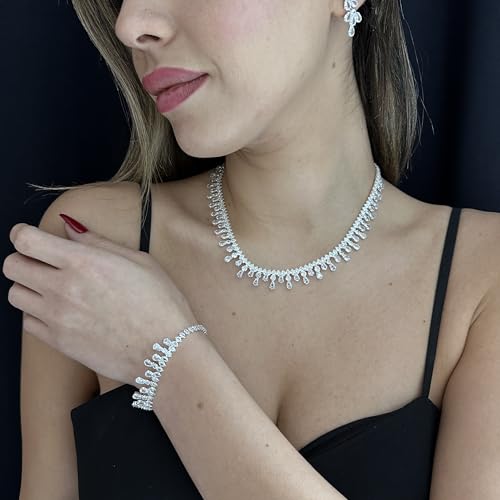 Bride Jewelry Set Silver Crystal Wedding Necklace Earrings Bracelet Set - Bridal Rhinestone Brass Pendant Accessories for Women and Bridesmaids - style: Jewelry Set 10
