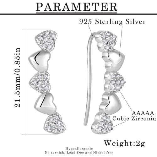 Heart Climber Earrings for Women 925 Sterling Silver White/Yellow/Rose Gold Plated Cubic Zirconia Ear Crawler Earrings Jewelry - color: White
