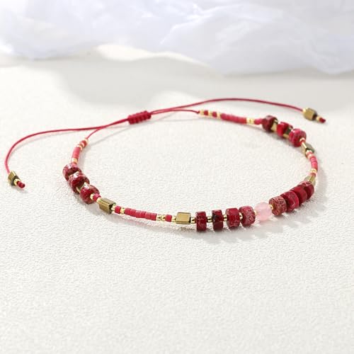 KELITCH Crystal Agate Friendship Bracelet Handmade Seed Beads Adjustable Bracelets for Women - color: Red