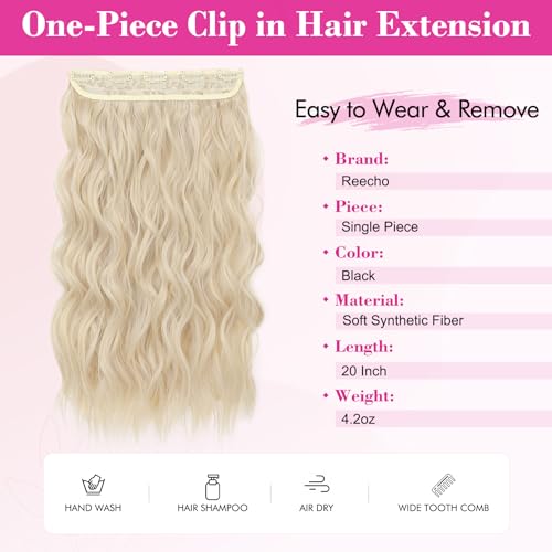 REECHO Blonde Hair Extensions, 20” Single Piece Clip in Hair Extensions Thick Long Beach Wavy Natural Soft Synthetic Hairpieces for Women, Cool Light Blonde - color: Cool Light Blonde - Wavy, size: 20 Inch (Pack of 1)