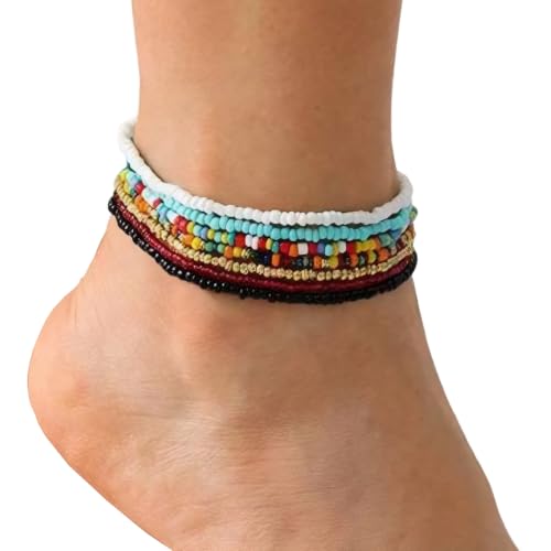 Beaded Anklet 7PCS/Set 8.7 Inch Multicolor Boho Anklets for Women Stretch Seed Beads Funny DIY Rainbow Beaded Bracelet for Foot and Hand Chain Jewelry.