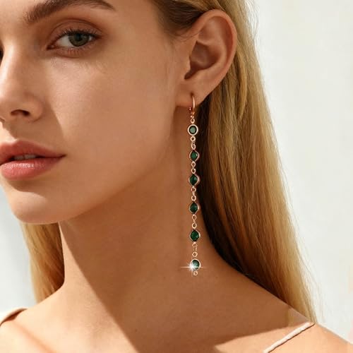Ruby Crystal Dangle Earrings Red Rhinestone Tassel Drop Earrings Long Cz Chain Tassel Earrings Gold Huggie Hoop Earrings Ruby Wedding Earrings - color: Green