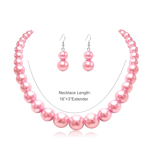 Cryshimmer Pearl Choker Necklace for Women Faux Pearl Beads Strand Necklace Earring Set Costume Jewelry,Gift for Wife Mother - color: Barbie Pink Pearl