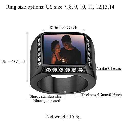 FindChic Customized Signet Photo Rings Square/Heart/Round Chunky Band Ring Stainless Steel/18K Gold Plated/Black Size 7 to 14 Personalized Jewelry for Men Women, Send Gift Box - color: 01. square (black)