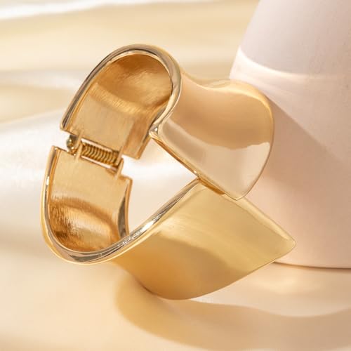 14K Gold Plated Open Cuff Bracelet for Women - Chunky Minimalist Geometric Arm Cuff, Adjustable Spring-Loaded Gold Bangle, Trendy Tarnish Resistant Statement Jewelry