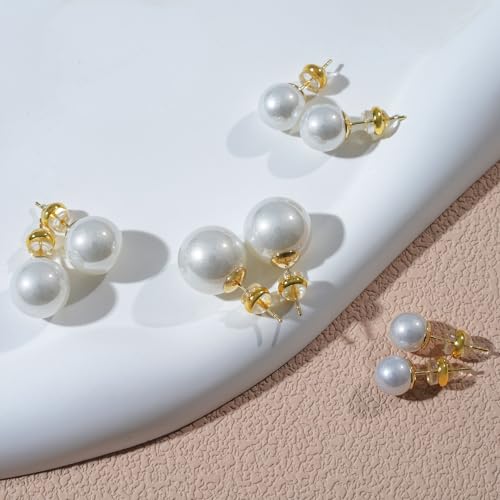 4 Pairs Pearl Stud Earrings, 14K Gold Plated Silver Posts Hypoallergenic Round Simulated Large Pearls, 8mm/10mm/12mm/14mm Stud Earring Set for Women