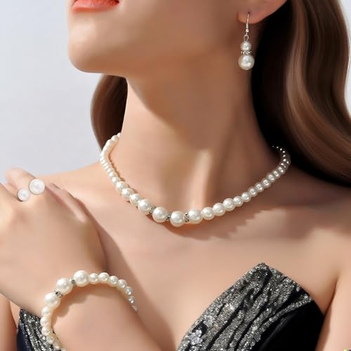Pearl Jewelry Set, 4 PCS Jewelry Necklaces Hoop Earring Bracelet | Ladies' wedding set, made of hand selected shell pearls, sturdy, durable, will not fade, birthday gift, Valentine's Day gift