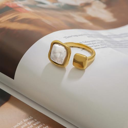 Baroque Pearl Ring for Women Gold-Tone Plated Adjustable Open Band Geometric Statement Jewelry for Middle Thumb Finger Adjustable Stainless Steel Comfort Fit Dainty Valentine's Anniversary