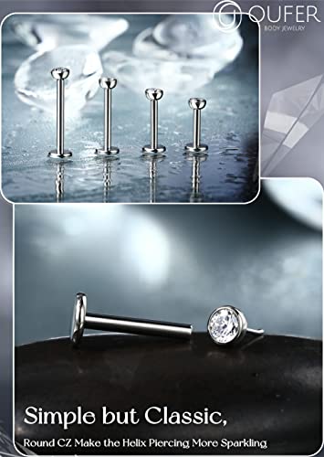 OUFER 2Pcs 20G/18G/16G G23 Titanium Threadless Nose Stud Earrings Flat Back Tiny CZ Small Nose Helix Cartilage Tragus Conch Labret Medusa Monroe Piercing Jewelry for Women Men - color: Silver, size: 2pcs, 16g 5mm, 3mm cz