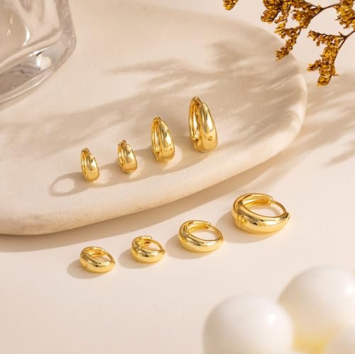 Small Chunky Hoop Earrings for Women, 14K Plated Huggie Stack | Chunky Hoop Stud Earrings Stackable, Lightweight Huggie Cartilage Ear for Multiple Piercing Jewelry Gift for Daily Wear - style: 4 Pairs-Gold