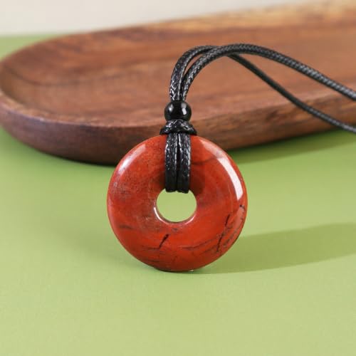 FANASY Natural Gemstone Pendant Necklce Lucky Coin Crystal Necklace Protection Donut Pendnat with Adjustable Rope for Men Women - color: Red Jasper