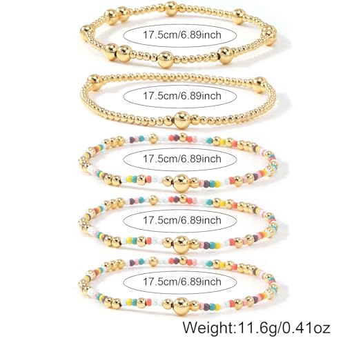 14K Gold Plated Beaded Bracelets Stack Set for Women,Stretch Boho Ball Jewelry Friendship Trendy - color: Colorful Pink