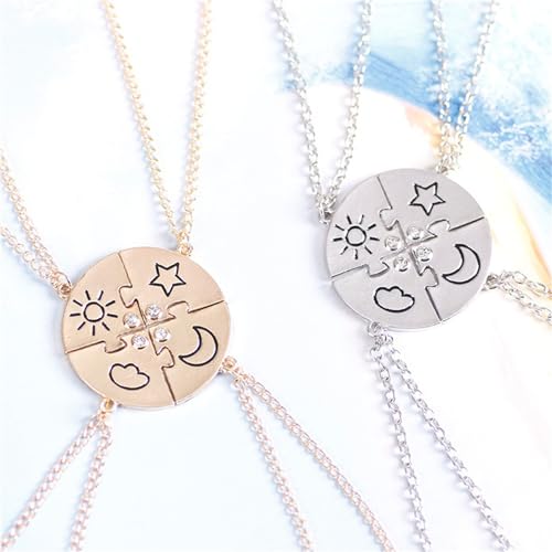 3pcs Friendship Moon Sun Star Puzzle Matching Necklace Set Gold Silver Plated Cute Crescent Round Circle Geometric Best Friend BFF Pendant Necklace for 3 Women Sisters Daughter Birthday Jewelry Gifts - color: 4pcs silver necklace