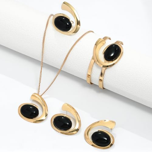 Gold Jewelry Set Vintage Spiral With Oval Black Acrylic Pendant Necklace Earrings Bracelet Ring Set Bohemian Trendy Party Jewelry For Women - style: C