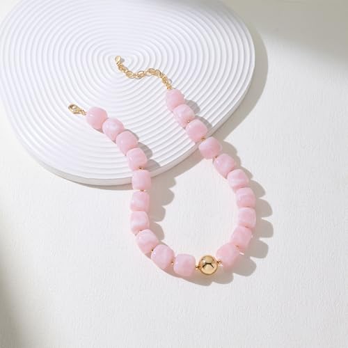 Chunky Beaded Necklace for Women Boho Statement Bead Necklace Adjustable Choker with Polished Disc/Square Beads Trendy Summer Beach Jewelry Gifts - color: Light Pink