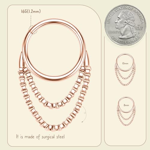 AROWRO Chain Septum Rings 316L Surgical Steel Septum Clicker Daith Piercing Jewelry Dangle Nose Rings for Women 16G 8/10mm Conch Cartilage Hoop Seamless Hinged Septum Jewelry with Clear CZ/Opal - color: Style-4-Rose gold double chains, size: 16G-8mm