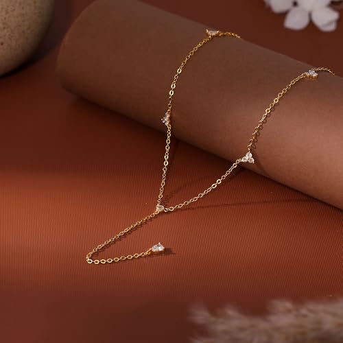 Ewrkbr Long Necklaces for Women, Dainty Gold Drop Necklace 14k Gold Plated CZ Y Shaped Lariat Necklace Simple Gold Necklaces for Women Trendy Summer Beach Accessories Wedding Prom Jewelry Gifts - color: Gold-CZ Choker Drop