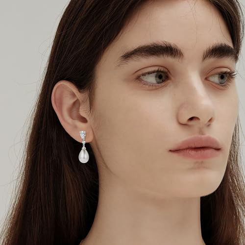 925 Sterling Silver Pearl Drop Earrings for Women, June Birthstone Long Dangle Pearl Jewelry Gifts for Her - color: 13mm Silver