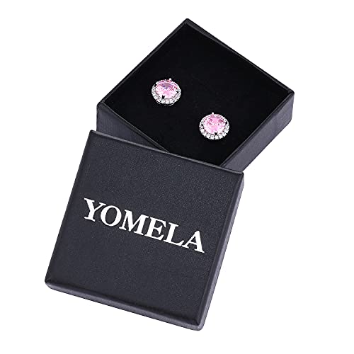YOMELA Round Cubic Zirconia Stud Earrings for Women | Everyday Dainty, Diamond-Like Brilliance, CZ Halo Birthstone Studs, Hypoallergenic & Lightweight, Elegant & Versatile - color: Pink