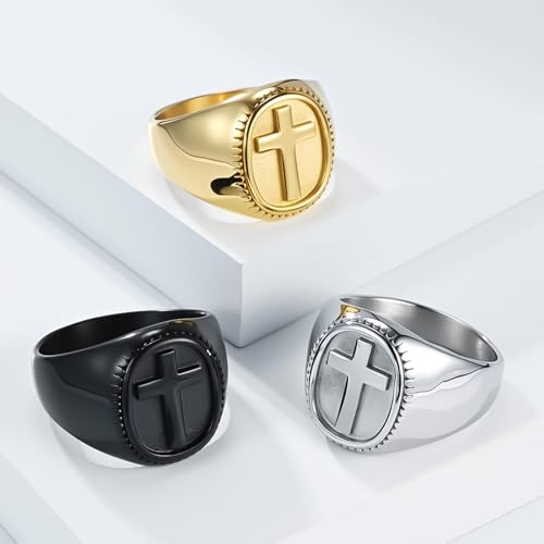 Men Engagement Ring Stainless Steel, Men Stainless Steel Signet Ring with 18MM Wide Oval with Cross, Gold, Size 11