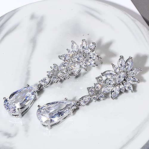 CZ Bridal Earrings for Wedding - 14k Plated Sterling Silver Elegant Teardrop Cubic Zirconia Crystal Rhinestone Floarl Leaf Cluster Chandelier Statement Dangle Drop Earrings for Bride Bridesmaids Party - color: Silver Tone
