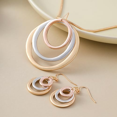 3 Circles Silver Hoop Earrings Necklace Set for Women Geometric Jewelry Set | 925 Silver Hypoallergenic Small Hoop Circle Geometry Textured Finish Minimalist Style Comfortable Wear - style: Tri-tone Hoop
