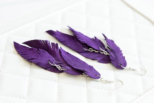 Leather Feather Earrings, Suede layered earrings, boho wedding jewelry, summer earrings, gift for her, dangle earrings - color: purple