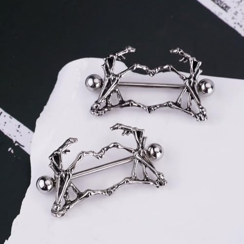 14G Skeleton Hand Heart Nipple Rings for Women Gothic 316L Surgical Steel Nipple Barbell Dark Style Nipple Piercing Jewelry for Halloween