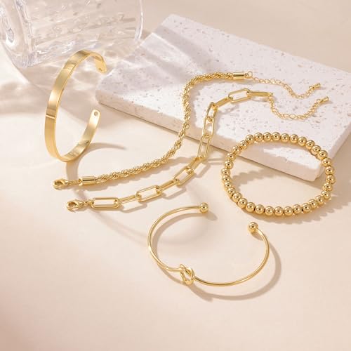 PLOMFOV Gold Bracelets for Women Stack Non Tarnish 14K Gold Plated Chunky Gold Bangles Bracelet Set Beaded Paperclip Chain Cuban Link Dainty Trendy Waterproof Stackable Cuff Bracelets Jewelry Gifts for Women - color: 5Pcs Gold-Bead Set