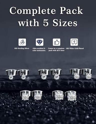 5 Pairs Moissanite Sterling Silver Stud Earrings Set for Women, Hypoallergenic, 2mm, 3mm, 4mm, 5mm - color: 18K White Gold