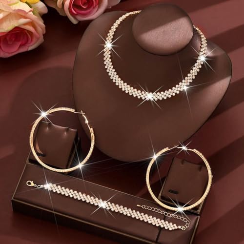 Black Jewelry Sets Rhinestone Necklace Hoop Earrings Bracelet Set Prom Formal Sparkly Costume Jewelry Sets for Women - color: Gold