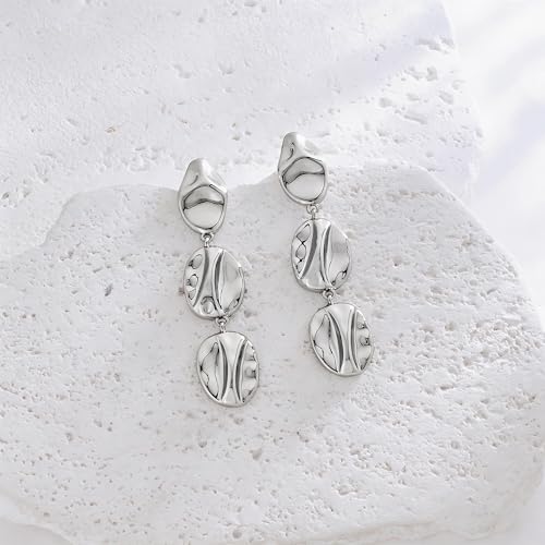 Gold Dangle Earrings for Women,Chunky 14K Gold Plated Drop Dangle Stud Earrings Long Statement Hammered Earring Hypoallergenic Jewelry for Women Gifts - style: Irregular Hammered-Silver