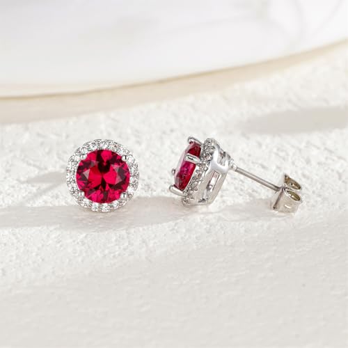 YOMELA Round Cubic Zirconia Stud Earrings for Women | Everyday Dainty, Diamond-Like Brilliance, CZ Halo Birthstone Studs, Hypoallergenic & Lightweight, Elegant & Versatile - color: Ruby Red