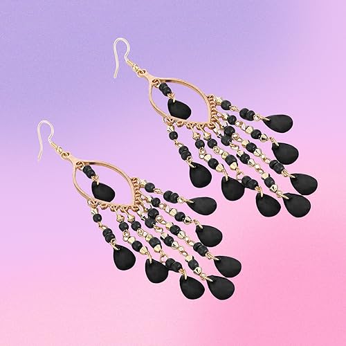 Essencedelight Crystal Beaded Tassel Earring Long Beaded Dangle Earring Fringe Hook Earring for Women Bridal Wedding - color: black