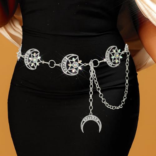 Rhinestone Moon Chain Belt Sparkly Star Waist Chain Adjustable Body Jewley for Women Dress Belt Accessory - style: Silver moon star B