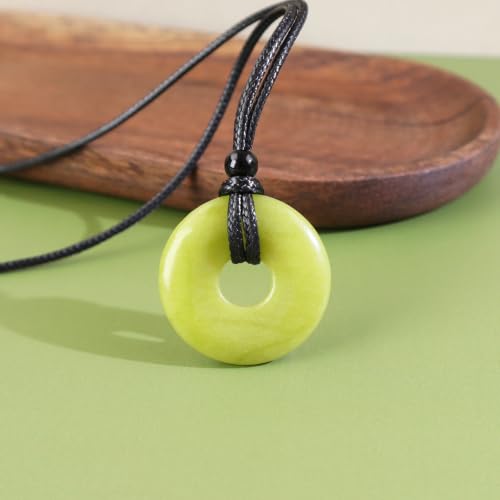 FANASY Natural Gemstone Pendant Necklce Lucky Coin Crystal Necklace Protection Donut Pendnat with Adjustable Rope for Men Women - color: Lemon Quartz