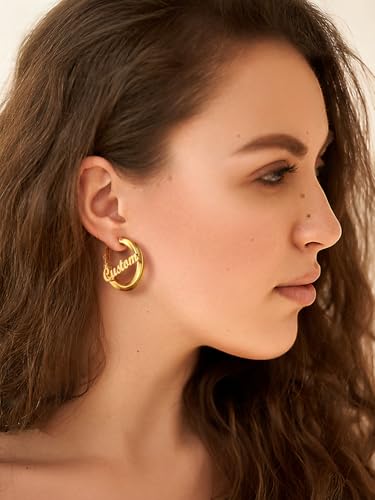 FindChic Twisted Hoop Earrings for Women, Silver/Black/14K Gold Plated Hypoallergenic Hollow Tube Rounded Loop Earrings, 30mm/40mm/60mm/80mm Hoops with Custom Name Options and Gift Box - color: f.Gold (Custom Name), size: 30MM
