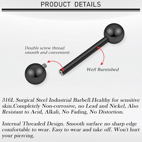 16G-00G Tongue Rings Nipple Piercings Internally Threaded Straight Barbell 316L Surgical Steel Body Piercing Jewelry for Women Men Black silver 12mm 14mm 16mm 19mm Bars Length - color: Black, size: 14G(1.6mm)-12mm barbells-5mm Balls
