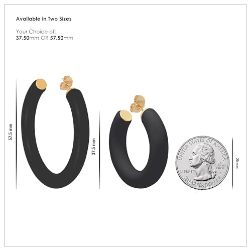 Gold Plated Multicolor Resin Chunky Thick Open Hoop Earrings in 57MM and 37.5MM Diameters - color: Black - Matte Finish, size: 37.5MM (1.48") Diameter